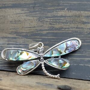 Silver Dragonfly Pendant with Abalone Inlay And Rhinestones